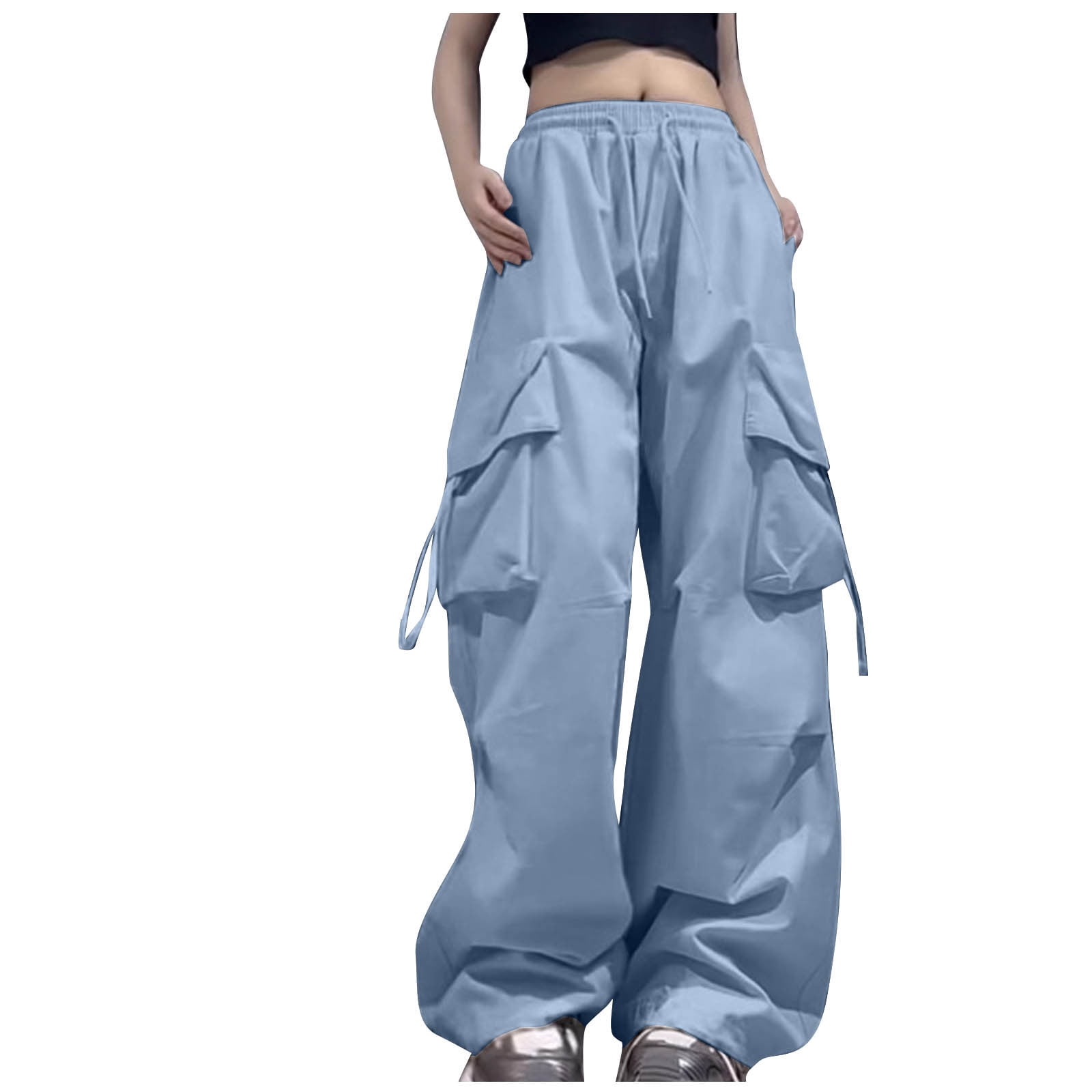 Wide Leg Cargo Pants Women Drawstring High Elastic Waisted Parachute