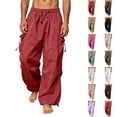 thumbnail image 1 of Wide Leg Cargo Pants Zaewscy Men's Multi-functional Cargo Pants Men's Loose Casual Style Functional Style Drawstring Straight Leg Leggings Long Pants Couple Pants Red M, 1 of 8