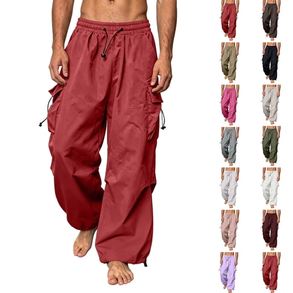 Wide Leg Cargo Pants Zaewscy Men's Multi-functional Cargo Pants Men's Loose Casual Style Functional Style Drawstring Straight Leg Leggings Long Pants Couple Pants Red M