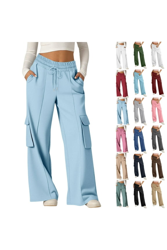 Wide Leg Cargo Pants for Women High Rise Yoga Leggings with Pockets Drawstring Straight Leg Trousers Streetwear Jogger Pants