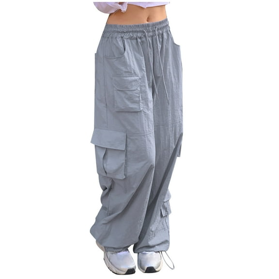 Wide Leg Cargo Pants for Women Light Baggy Parachute Pants Y2K Teen Girls Low Waist Cargo Trousers Hip Hop Streetwear