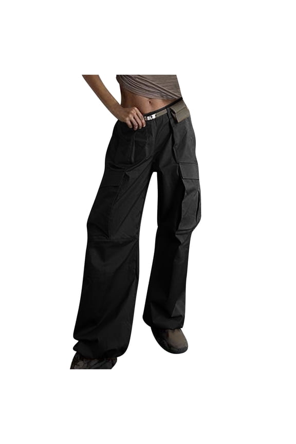 Wide Leg Cargo Pants for Women Trendy Low Waisted Bandage Parachute Pants Multi-Pocket Hiking Pants Hippie Streetwear