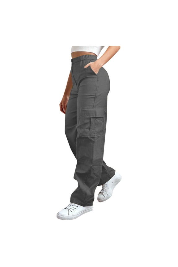 Wide Leg Cargo Pants for Women with Multi Pockets Elastic High Waisted Straight Fit Outdoors Jogging Sweatpant (L, Dark Gray)