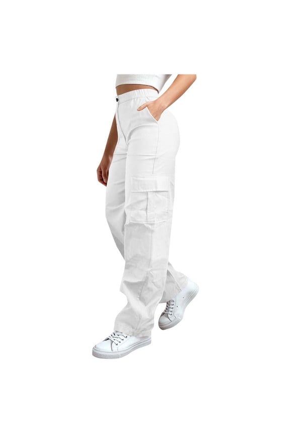 Wide Leg Cargo Pants for Women with Multi Pockets Elastic High Waisted Straight Fit Outdoors Jogging Sweatpant (XL, White)