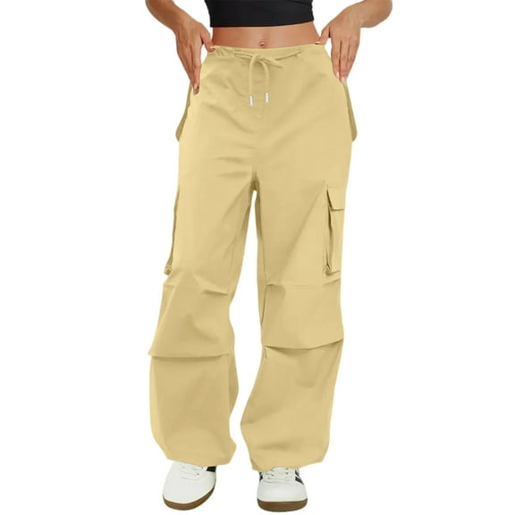 Wide Leg Cargo Sweatpants Women Drawstring High Waisted Baggy Sweat Pants Stretchy Cotton Pants with Pockets Light Brown S