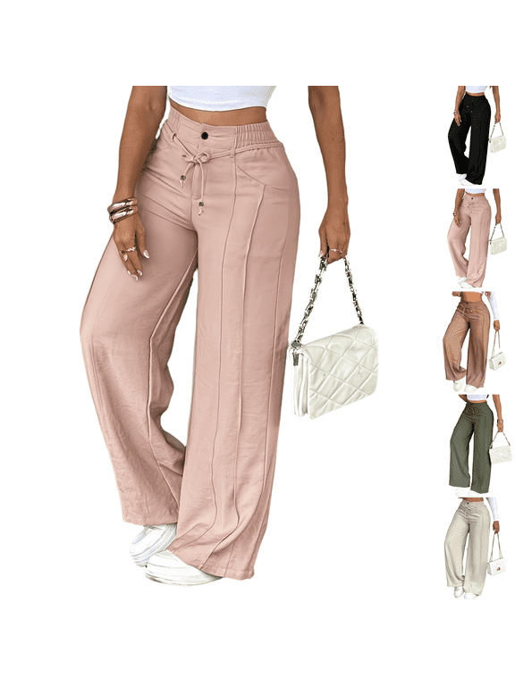 Wide Leg Casual Cotton Trousers Women High Waisted Baggy Pants with Front Crease Subtle Flare, Adjustable Drawstring, Clean Solid Colors, Smart Casual Styling, Office and Travel Wear