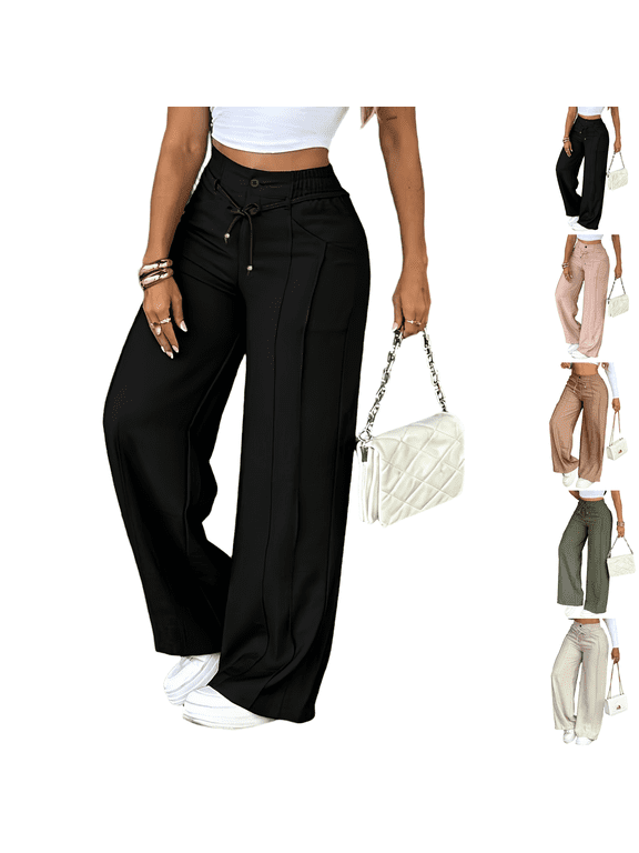 Wide Leg Casual Cotton Trousers Women High Waisted Baggy Pants with Front Crease Subtle Flare, Adjustable Drawstring, Clean Solid Colors, Smart Casual Styling, Office and Travel Wear