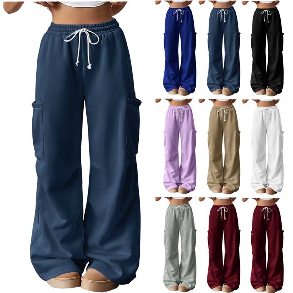 Wide Leg Casual Elastic Waist Crop Pants Women's Casual Solid Color Drawstring Elastic Waist Sweatpants Cuffed Ankles Side Pockets Navy Xxl