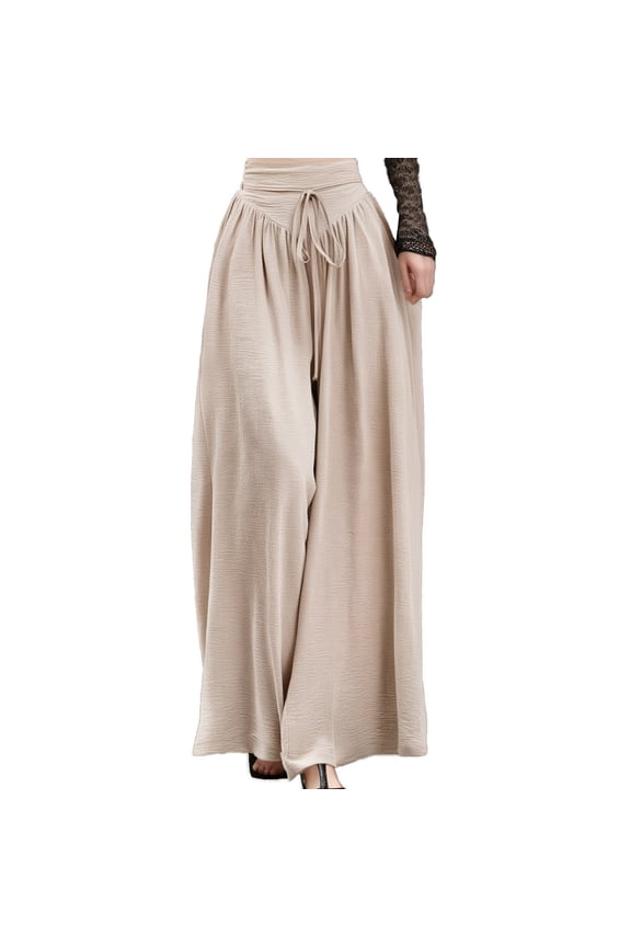 Wide Leg Casual High Waist Elastic Trousers, Slightly Flared, Pleated, with Pockets, Soft Polyester Material
