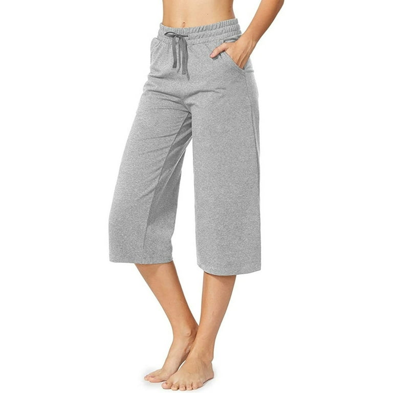 Wide Leg Casual Pants Women Solid Elastic Waist Capris
