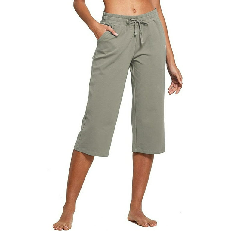 Wide Leg Casual Pants Women Solid Elastic Waist Capris