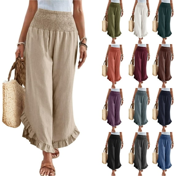 Wide Leg Cotton Linen Pants Women Boho High Waisted Ruffle Palazzo Pants Summer Resort Wear Vacation Beach Trousers Dark Gray 3XL