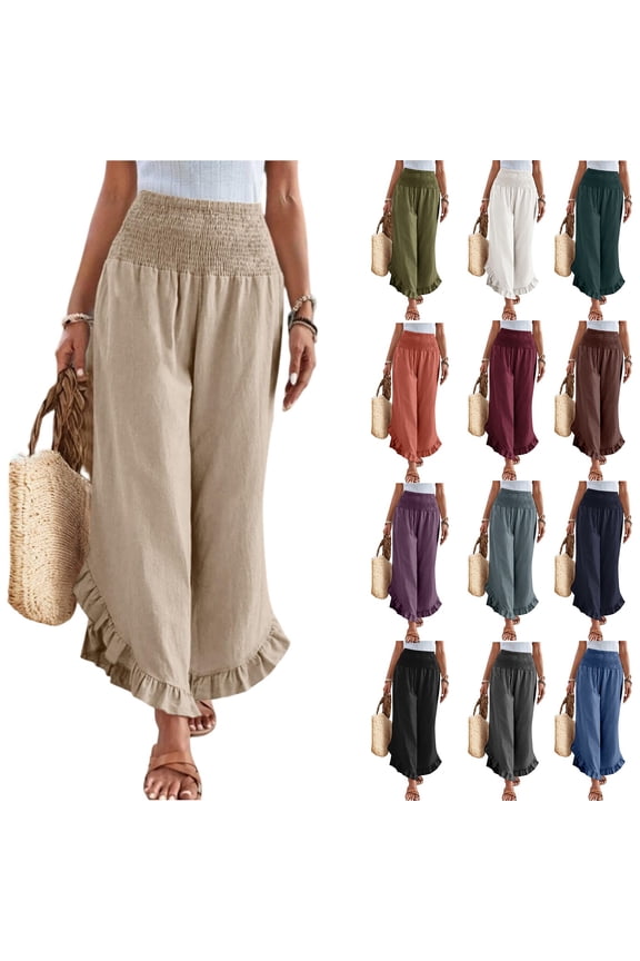 Wide Leg Cotton Linen Pants Women Boho High Waisted Ruffle Palazzo Pants Summer Resort Wear Vacation Beach Trousers Light Blue L