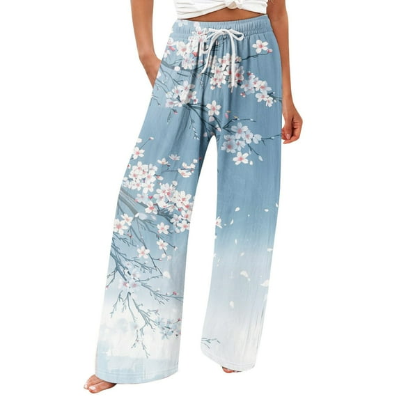 Wide Leg Cotton Pants for Women with Pockets Fashion Floral Graphic Print Drawstring Palazzo Lounge Beach Sweatpants (2XL, Blue 01)