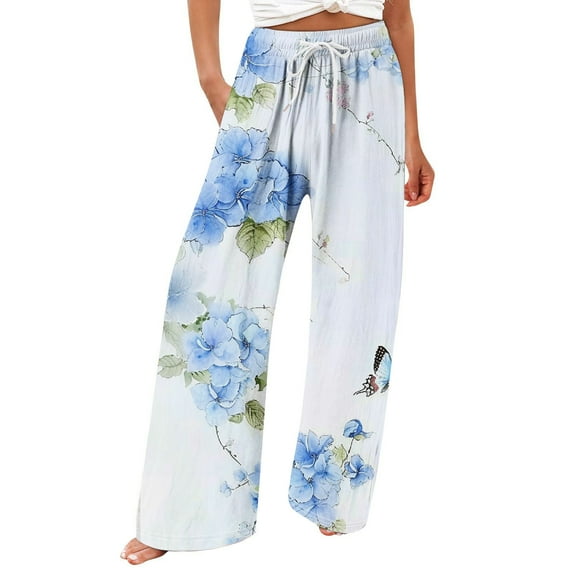 Wide Leg Cotton Pants for Women with Pockets Fashion Floral Graphic Print Drawstring Palazzo Lounge Beach Sweatpants (L, Blue)