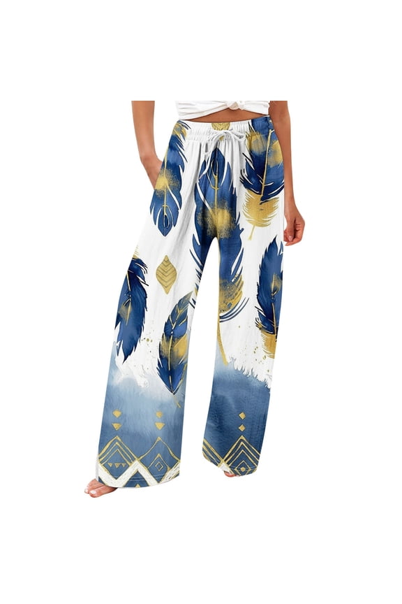 Wide Leg Cotton Pants for Women with Pockets Fashion Floral Graphic Print Drawstring Palazzo Lounge Beach Sweatpants (XL, Multicolor 01)