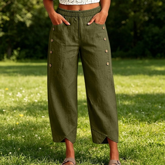 Wide Leg Cropped Pants for Women Elastic High Waist Cotton Linen Capris Loose Casual Summer Beach Capris with Pockets, 2XL