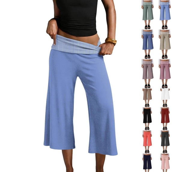 Wide Leg Cropped Pants for Women Low Rise Fold Over Stretch Gaucho Pants for Summer Beach Holiday Streetwear Blue L