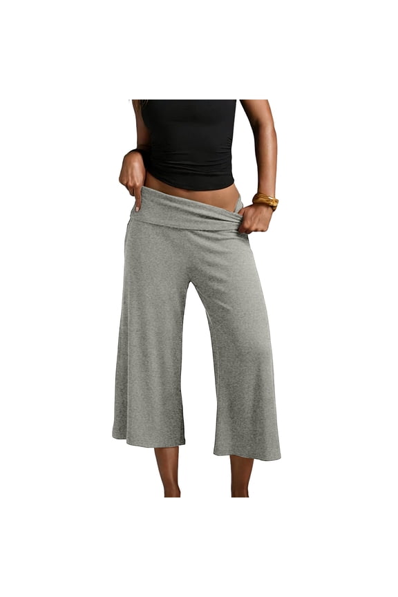 Wide Leg Cropped Pants for Women Low Rise Fold Over Stretch Gaucho Pants for Summer Beach Holiday Streetwear Gray M