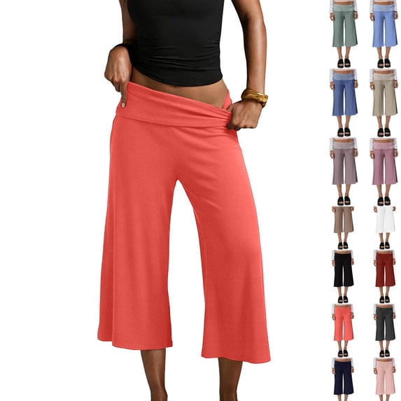 Wide Leg Cropped Pants for Women Low Rise Fold Over Stretch Gaucho Pants for Summer Beach Holiday Streetwear Watermelon Red L
