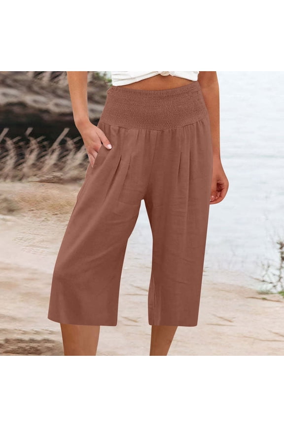 Wide Leg Cropped Pants,under 5$ Cropped Shorts Clearance, Ladies' All Round Elastic Waist Shorts for Summer, Women's and Women's Plus