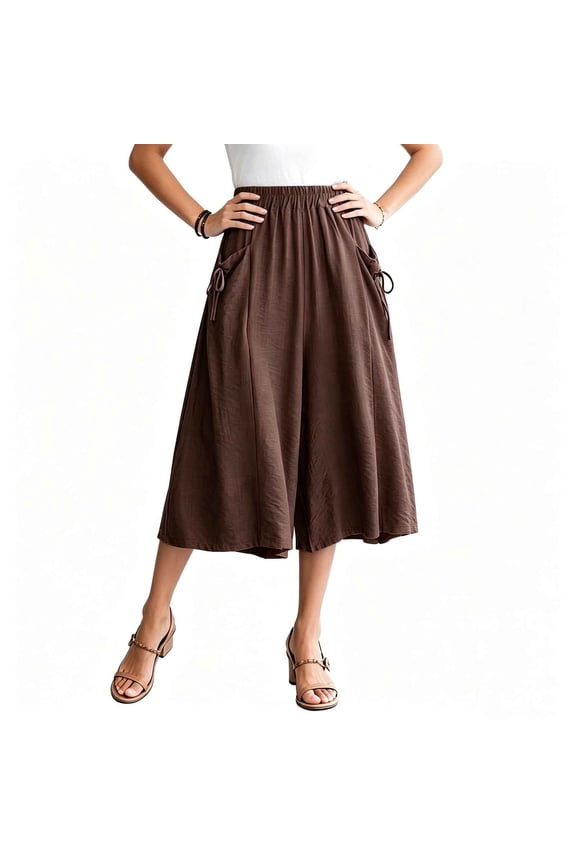 Wide Leg Culottes for Women Elastic High Waist Capris Pants Casual Flowy Skirt Pants Summer Loose Capris Drawstring Solid Capris Bottoms