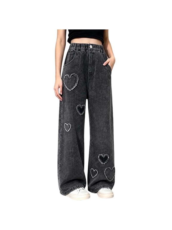 Wide Leg Denim Pants For Girls Elastic Waist Button Patchwork Jeans Fashion Vintage Casual Baggy Trousers With Pockets (9-10 Years, Black|Heart)