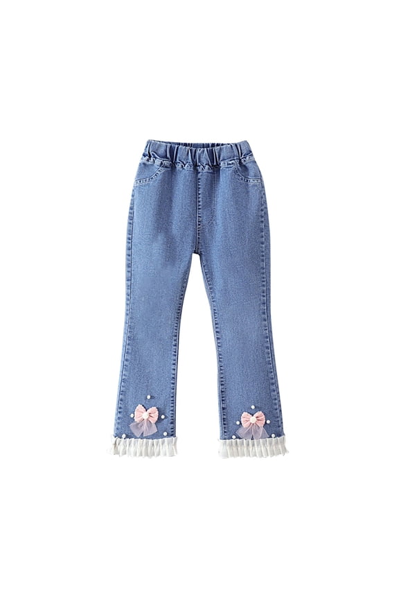 Wide Leg Denim Pants Girl's Pearl Beaded Jeans Ruffle Hem Elastic Waist Straight Leg Loose Denim Jeans Pink,5 Years