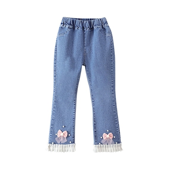Wide Leg Denim Pants Girl's Pearl Beaded Jeans Ruffle Hem Elastic Waist Straight Leg Loose Denim Jeans Pink,7 Years