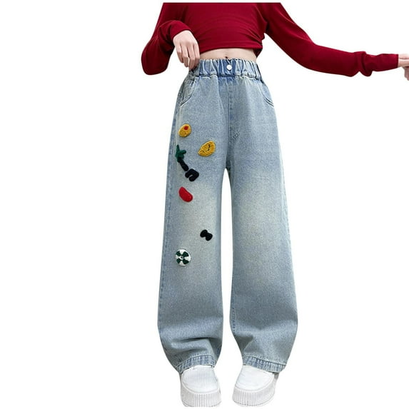 Wide Leg Denim Pants for Girls Casual Loose Baggy Jeans Cute Fleece Embroidered Elastic High Waist Jean Pants with Pocket Blue,11 Years