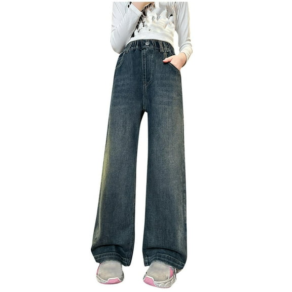 Wide Leg Denim Pants for Girls Casual Loose Baggy Jeans Elastic High Waist Jean Pants with Pocket Blue,14 Years