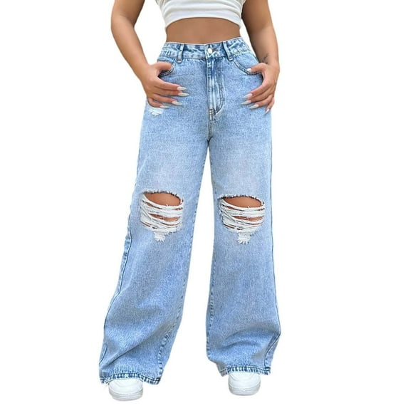 Wide Leg Denim Pants for Women with Pockets Ripped High Waisted Straight Leg Stretchy Loose Fit Jeans Pants Vintage Y2K Pull-On Pants