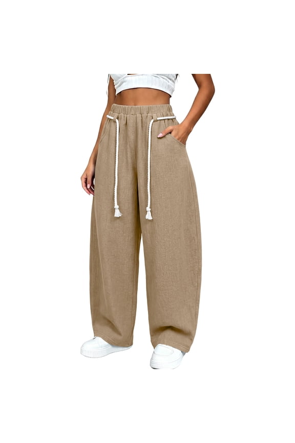 Wide Leg Drawstring Waist Pants for Women Loose Fit High Rise Trousers with Rope Belt and Pockets Casual Joggers, Khakis Pants for Women High Waisted