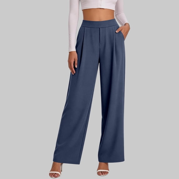 Wide Leg Dress Pants Women Stretchy Pull on Work Pants High Waisted Business Casual Wide Leg Slacks with Pockets(Navy,M)