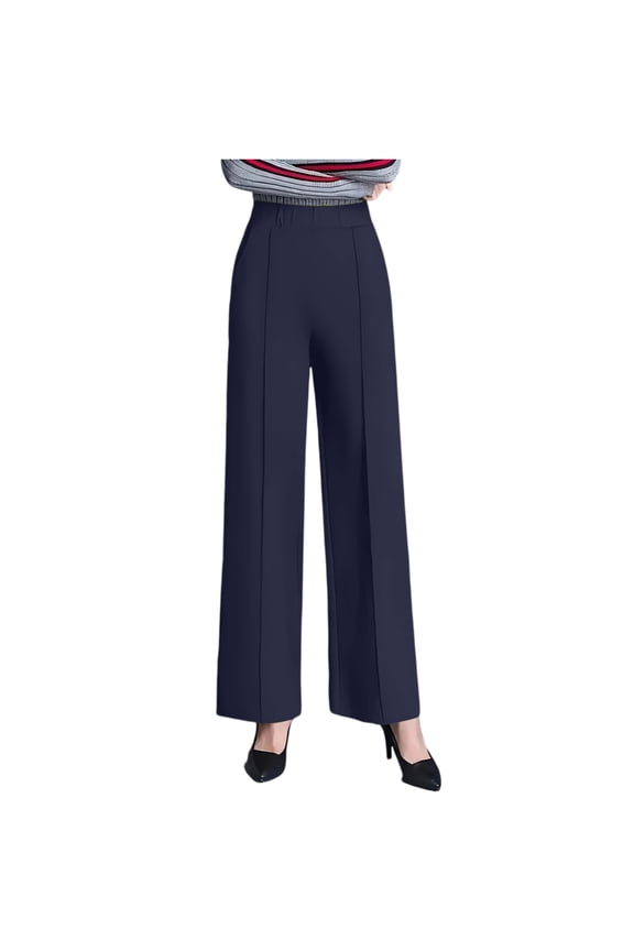 Wide Leg Dress Pants for Women Pull On Stretchy Work Pants High Waisted Business Casual Trousers Slacks with Pockets Navy S
