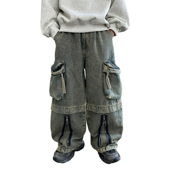 Wide Leg Elastic Waist Denim Pants Boys Baggy Jeans Loose Fit Straight Trousers Vintage Y2K Streetwear Trousers with Pockets (R-Blue, 7-8 Years)