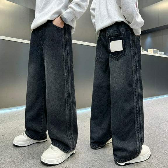 Wide Leg Elastic Waist Denim Pants Comfortable Stylish Casual Trousers for Men Women Y2k Skater Vintage Plain Pants,H-Black 170