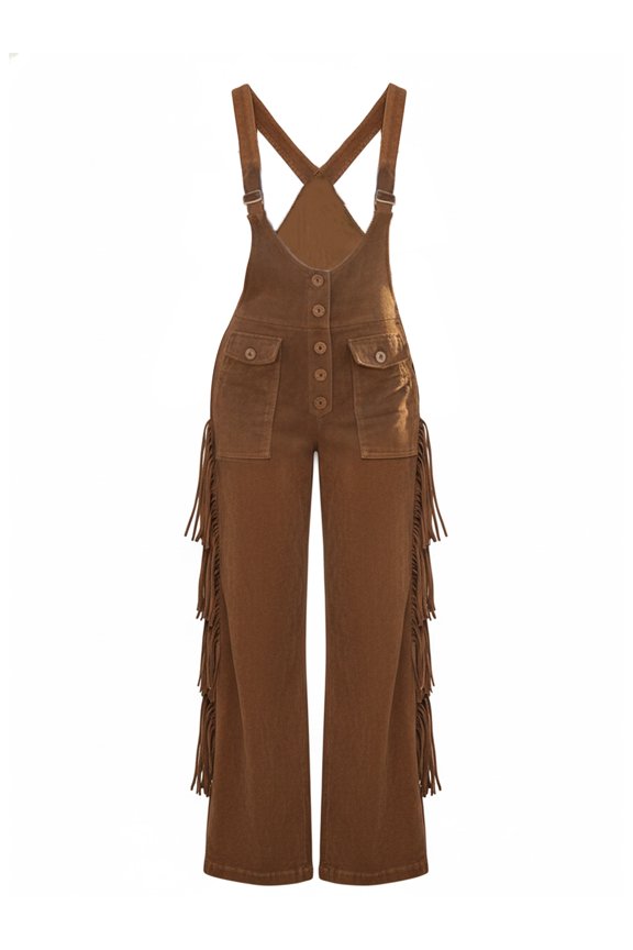 Wide Leg Faux Suede Style Fringe Overalls Button Down Bib Jumper Western Tassel Pants for Country Music Festival and Rodeo