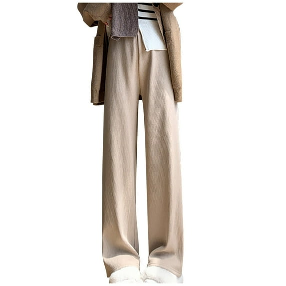 Wide Leg Fleece Lined Pants Womens Thick Warm Cotton Loose Sweatpants Drawstring Elastic Waist Winter Loungewear (Medium, Khaki)