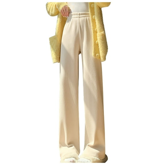 Wide Leg Fleece Lined Pants Womens Thick Warm Cotton Loose Sweatpants Drawstring Elastic Waist Winter Loungewear (XX-Large, Beige)
