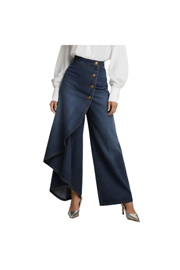 Wide Leg Flowy Jeans for Women Asymmetrical Wrap Button Up High Waisted Wide Leg Denim Pants Side Split Slit Summer Jeans