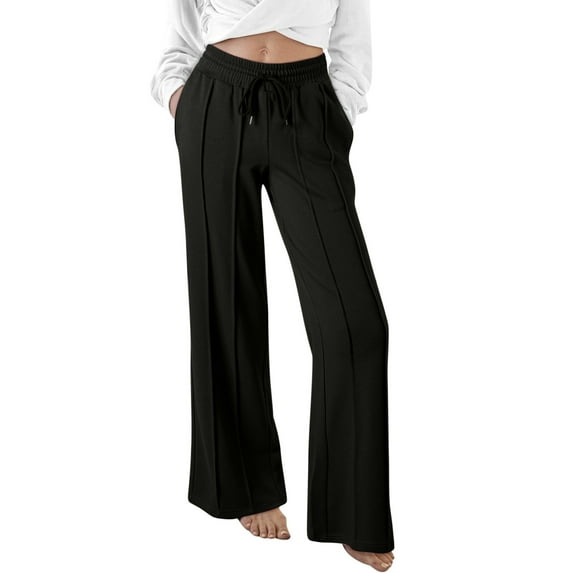 Wide Leg Flowy Pants Women's High Waisted Drawstring Waist Wide Leg Sweatpants with Pockets Casual Loose Yoga Pants S-39 Black XL
