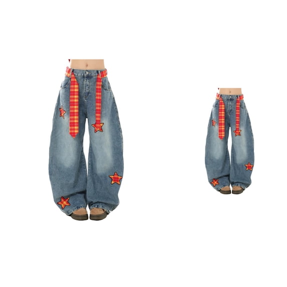 Wide Leg High Waisted Star Embroidery Patchwork Denim Jeans for Women Loose Straight Leg Baggy Stretchy Boyfriend Pants with Hem