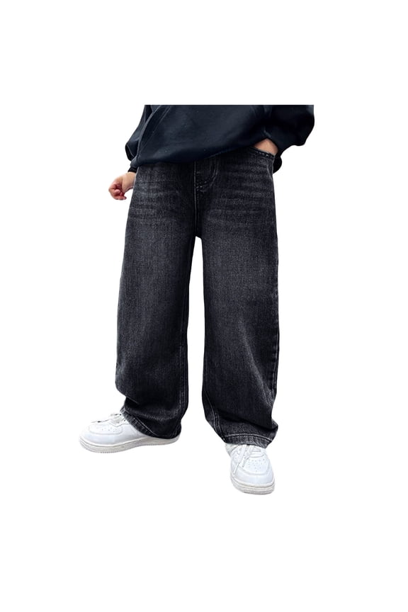 Wide Leg Jeans With Elastic Waist Boys Baggy Jeans for Kids Teen Casual Straight Wide Leg Cargo Jeans Y2K Loose Elastic Waist Denim Pants Trousers with Pockets