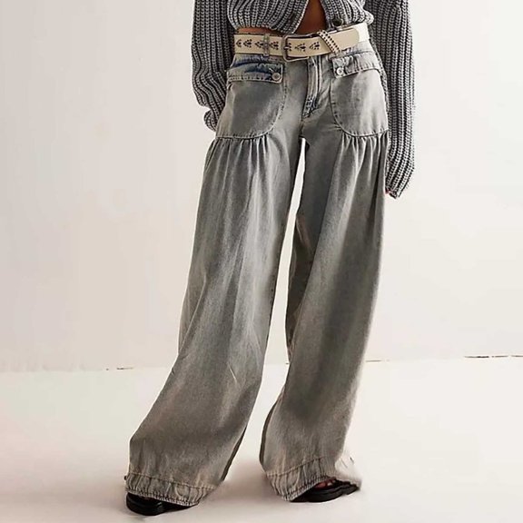 Wide Leg Jeans For Women Loose Fit Fashion Elastic Denim Pants Lightweight Travel Long Jeans With Pocket Grey M