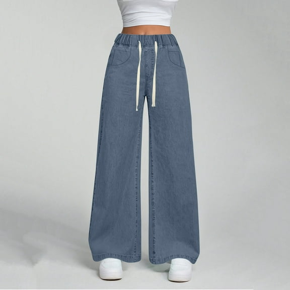 Wide Leg Jeans High Wasited Drawstring Baggy Denim Pants with Pockets