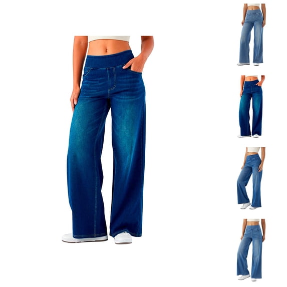 Wide Leg Jeans Woman 2026 Trendy Washed Blue Elastic High Waist Straight Leg Loose Palazzo Denim Pants with Pockets