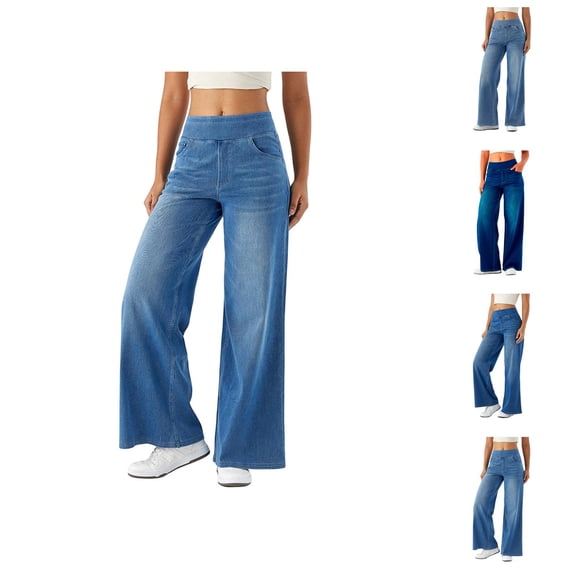 Wide Leg Jeans Woman 2026 Trendy Washed Blue Elastic High Waist Straight Leg Loose Palazzo Denim Pants with Pockets