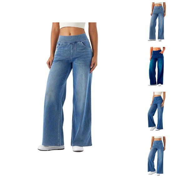 Wide Leg Jeans Woman 2026 Trendy Washed Blue Elastic High Waist Straight Leg Loose Palazzo Denim Pants with Pockets