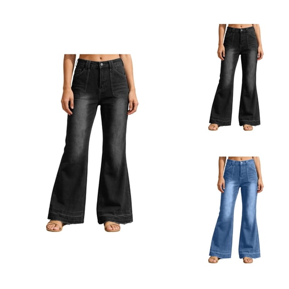 Wide Leg Jeans Woman 2026 Trendy Washed Blue Flared Bootcut Denim Pants with Pockets Palazzo Jeans Streetwear